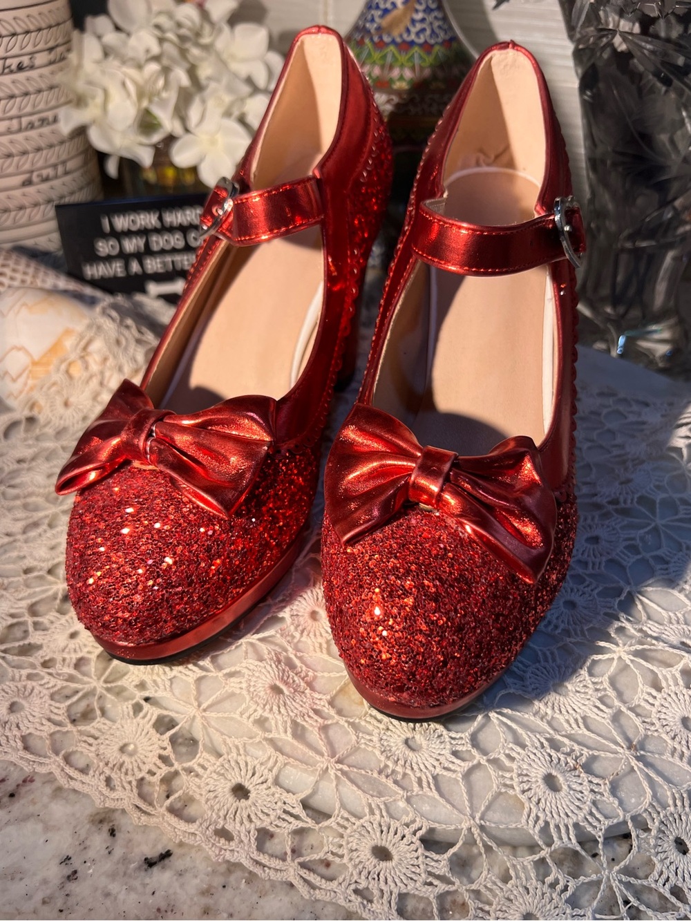 Red Glitter Mary Jane Dress Shoes with Bow 39/8.5